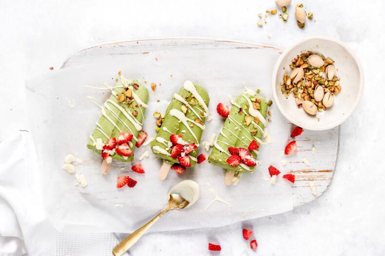 Just Matcha and The Good Root's Dairy-Free Matcha Popsicles with White Chocolate and Pistachio